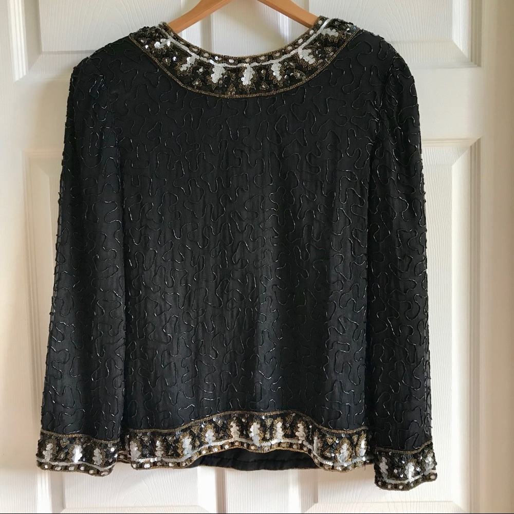 VTG Laurence Kazar Long Sleeve silk beaded top‎ / L